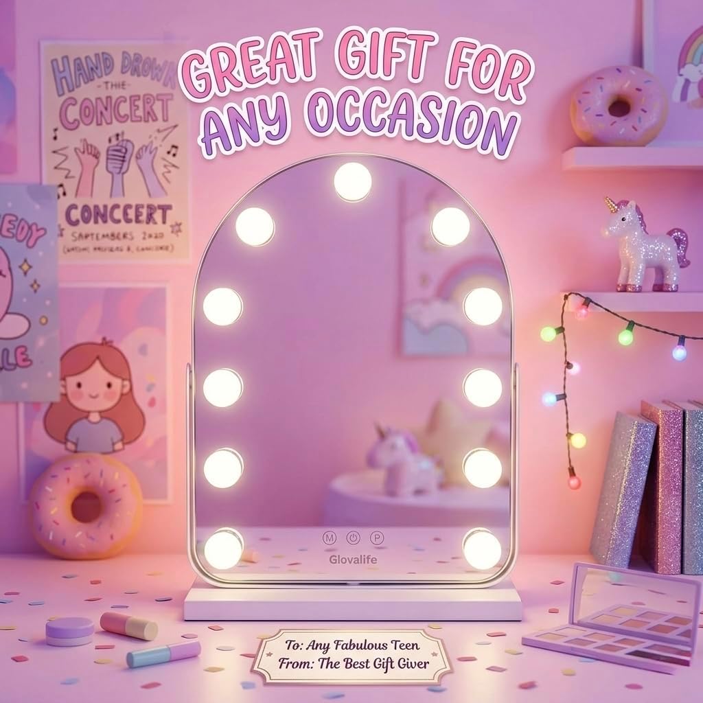 Vanity Mirror with Lights, Makeup amovible Mirror, Arch Shape, 11 Bulb led, 3 Colors Lighting,12.6" x 17.3" Inches, 360 degres Rotation, Touch Control