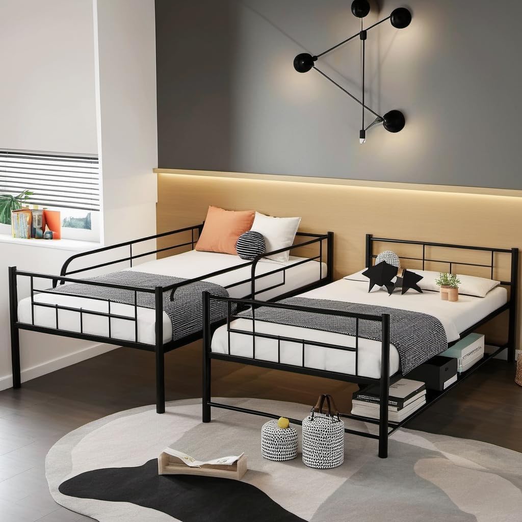 Queen Over Queen Bunk Bed with Shelf & Full Length Guardrail,Convertible Bunk Bedframe w/Ladder for Adults,Teens, Kids,No Box Spring Needed, Black