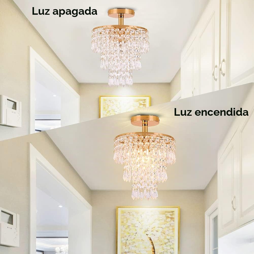 FRIXCHUR moderna mini lámpara de techo de cristal lámpara de techo de tres capas de gota de lluvia lámpara de cristal dormitorio pasillo sala de estar iluminación decoración, oro E26