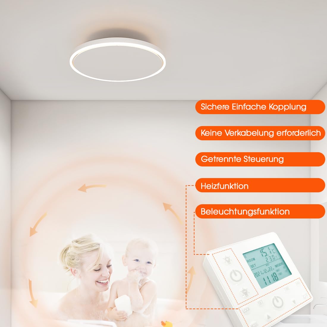 Calefactor infrarrojo de techo de 1440W Redondo, calefactor infrarrojo de con luz LED, calefactor radiante de con termostato y mando a distancia, calefactor eléctrico, panel calefactor, radiador