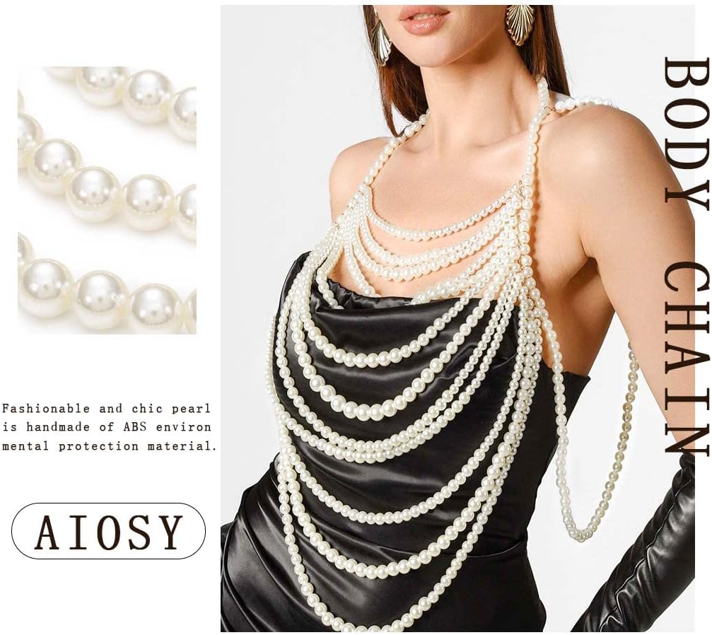 Pearl Body Chain Top Shoulder Necklace Pearls Body Jewelry for Women Bra Chains for Wedding Party Summer Beach