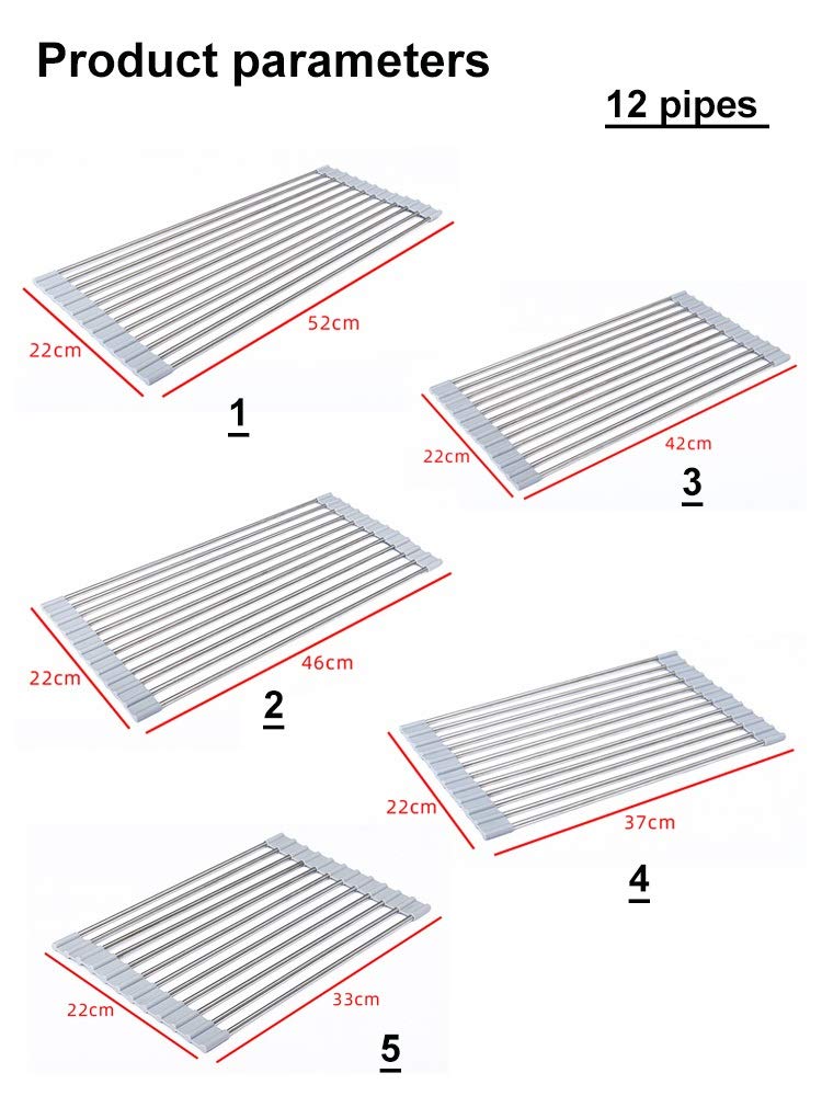 Escurridor de Platos, Rejilla for secar Platos Enrollable, Llantas Plegables de Silicona Acero Inoxidable, Fregadero Cocina Gris Varios tamaños | 22*42cm