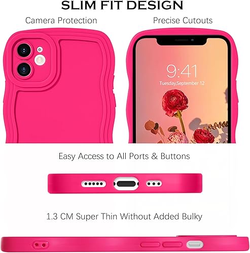 Miniatura 4 de YINLAI Funda diseñada para iPhone 12 de 6.1 pulgadas, funda de teléfono rosa neón Barbie, bonita forma de marco de onda rizada, delgada, suave, de