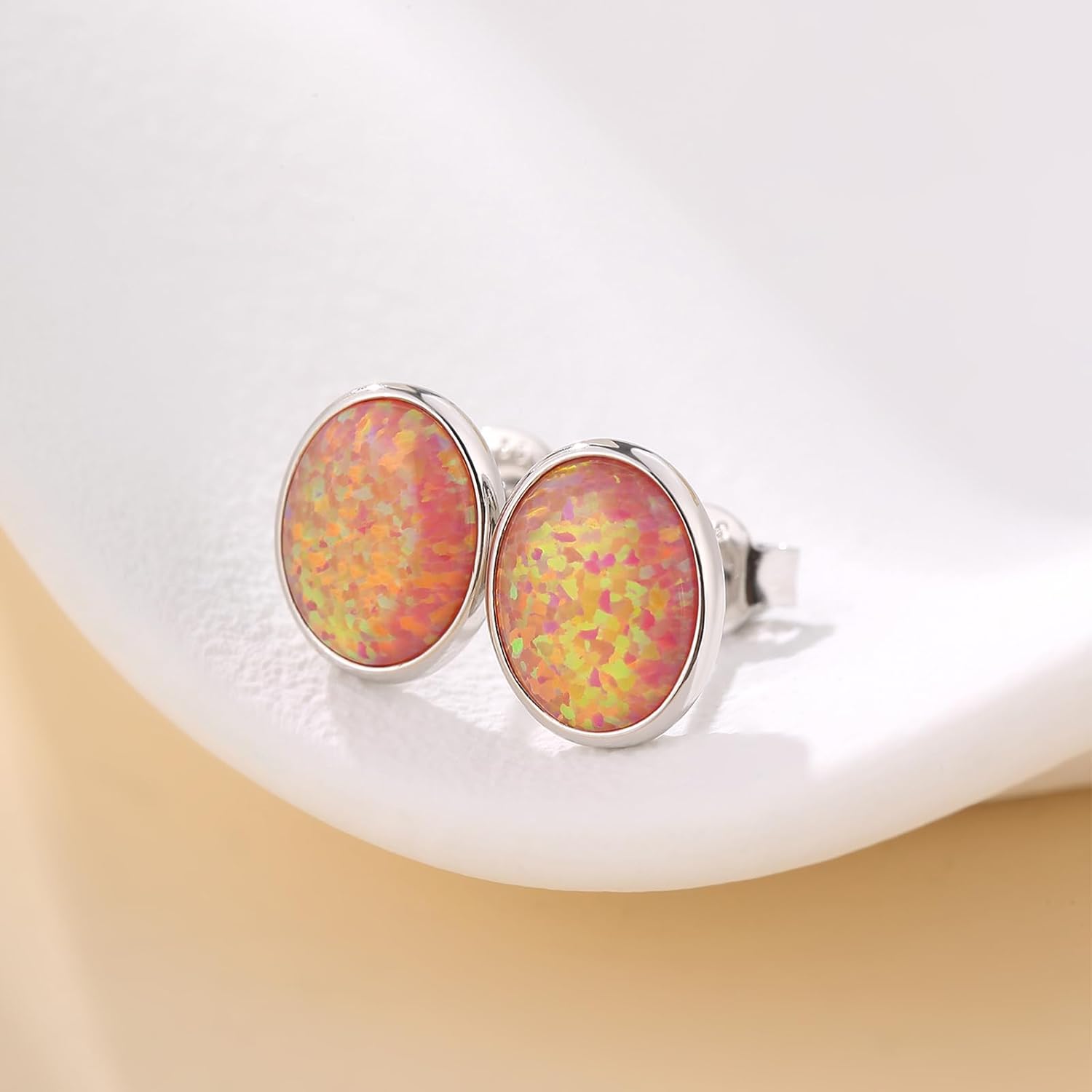 Opal Stud Earrings for Women Men, 925 Sterling Silver Hypoallergenic Earrings, Round & Oval Bezel Set Created Opal, Multi-Color Jewelry Gift (White/Red/Blue/Green) - Image 7
