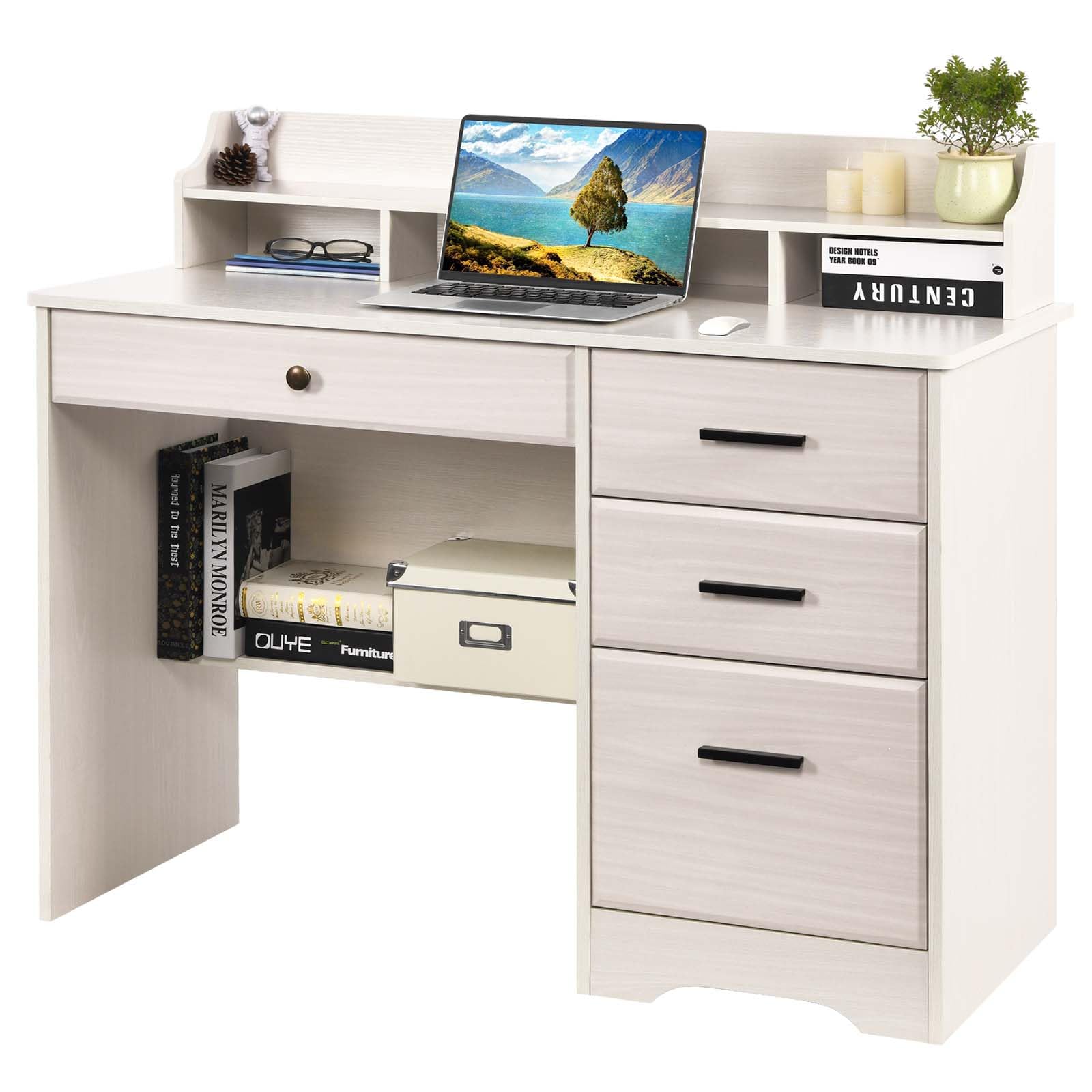 MaverickFurni White Desk with 4 Drawers, Small Computer Desk with Storage for Small Space, Office Desk with Hutch & Shelve for Bedroom, Study Desk for