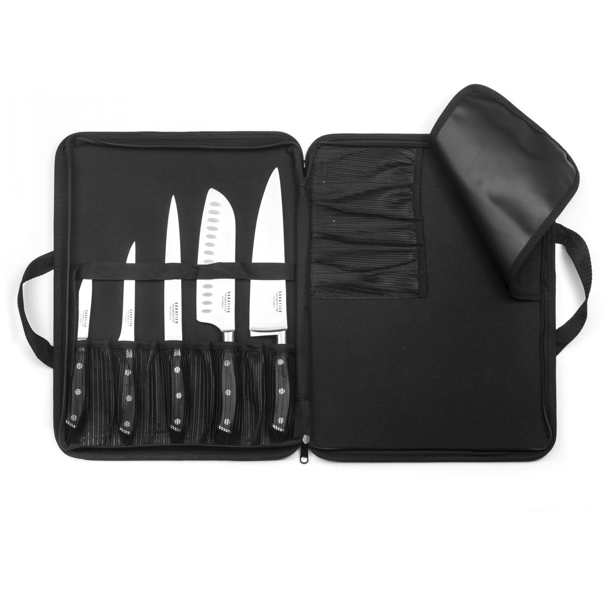SABATIER TROMPETTE - Trousse avec 5 couteaux de cuisine : Office, Désosser, Filets, Santoku, Chef - Vulcano - Acier 5Cr15MoV finition satinée manche POM pleine soie avec rivets inox - 40 x 30 cm Noir