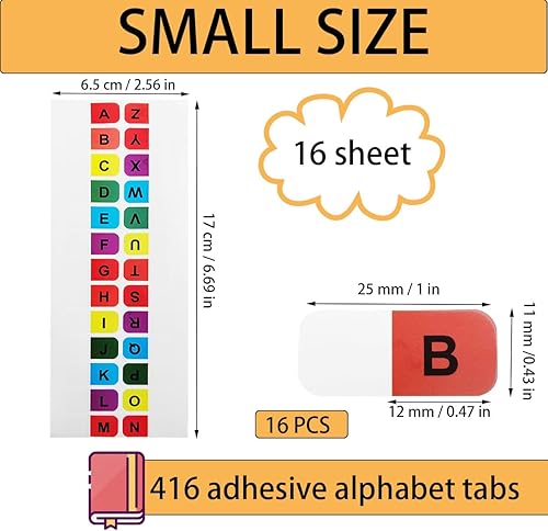 Miniatura 3 de 416 unidades de índices alfabéticos de colores (16 hojas), pestañas de índice A-Z, autoadhesivas de índice del alfabeto A-Z, pestañas del alfabeto