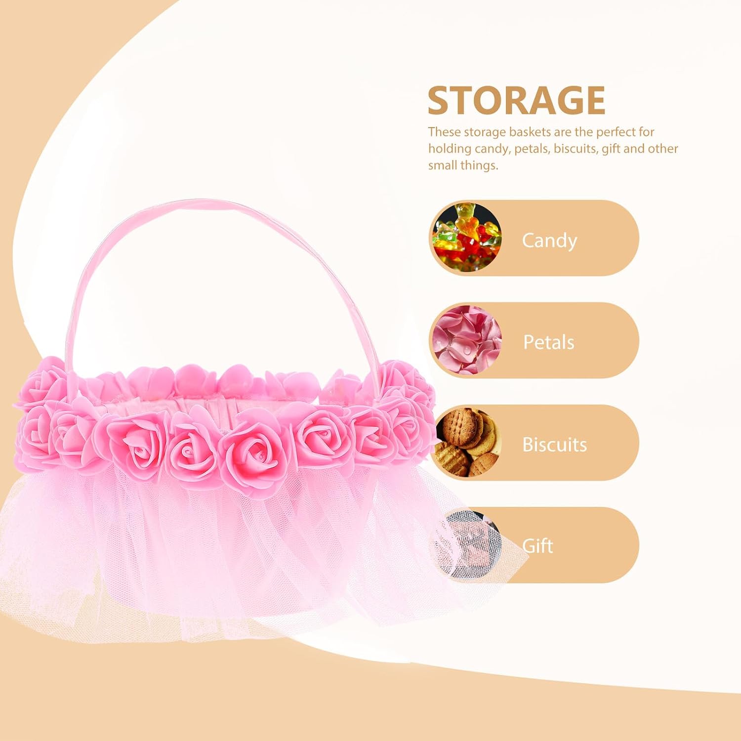 jojofuny Floral Basket Handheld Flower Girl Basket Small Pink Rose for Wedding Ceremony Party Supplies