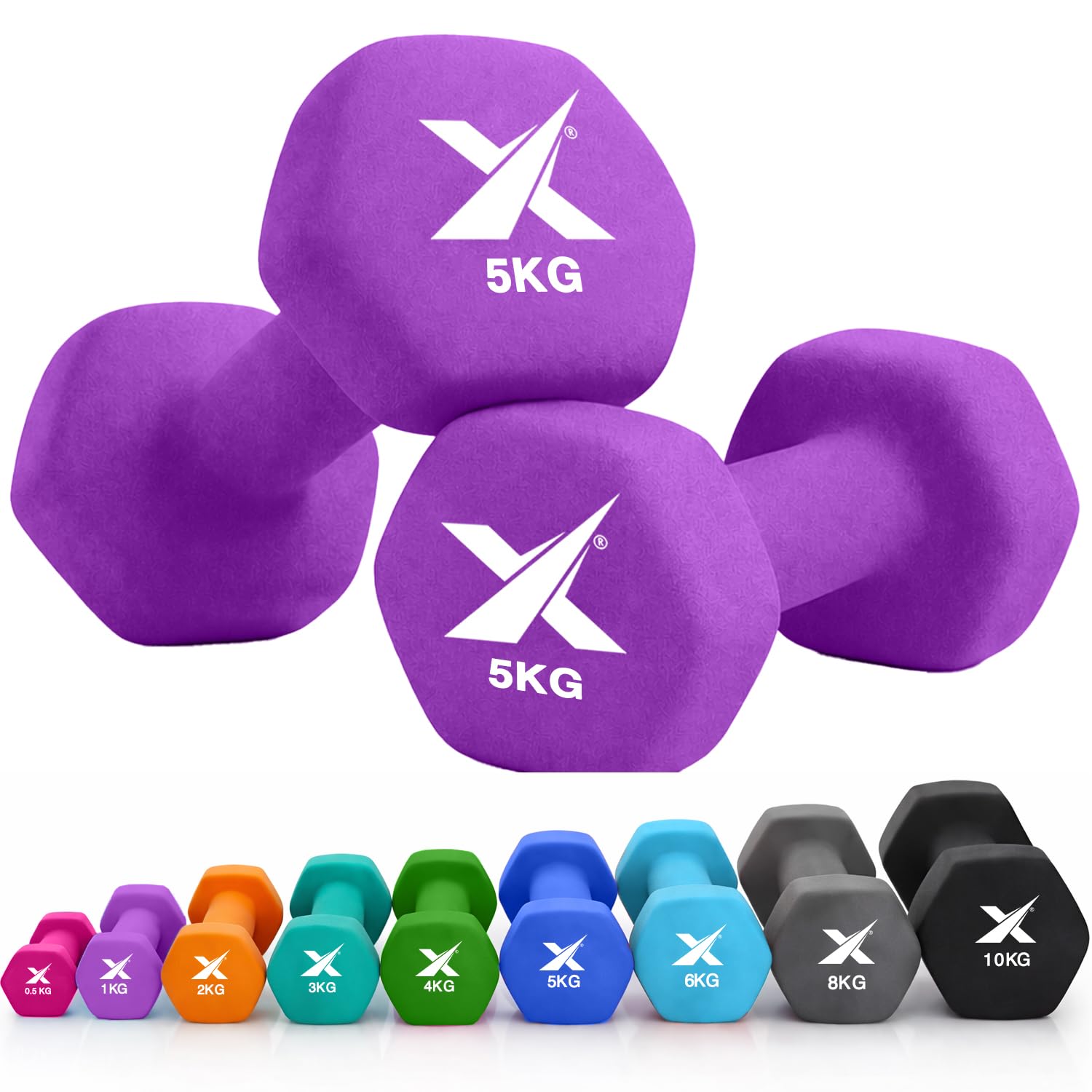 XN8 Neoprene Dumbbell Set, Non-Slip Dumbbells Pair of 0.5kg–10kg Hand Weights, Home Gym Strength Training Weights for Men & Women, Aerobics, Pilates, Body Toning, Arm, Biceps & Fitness Exercises
