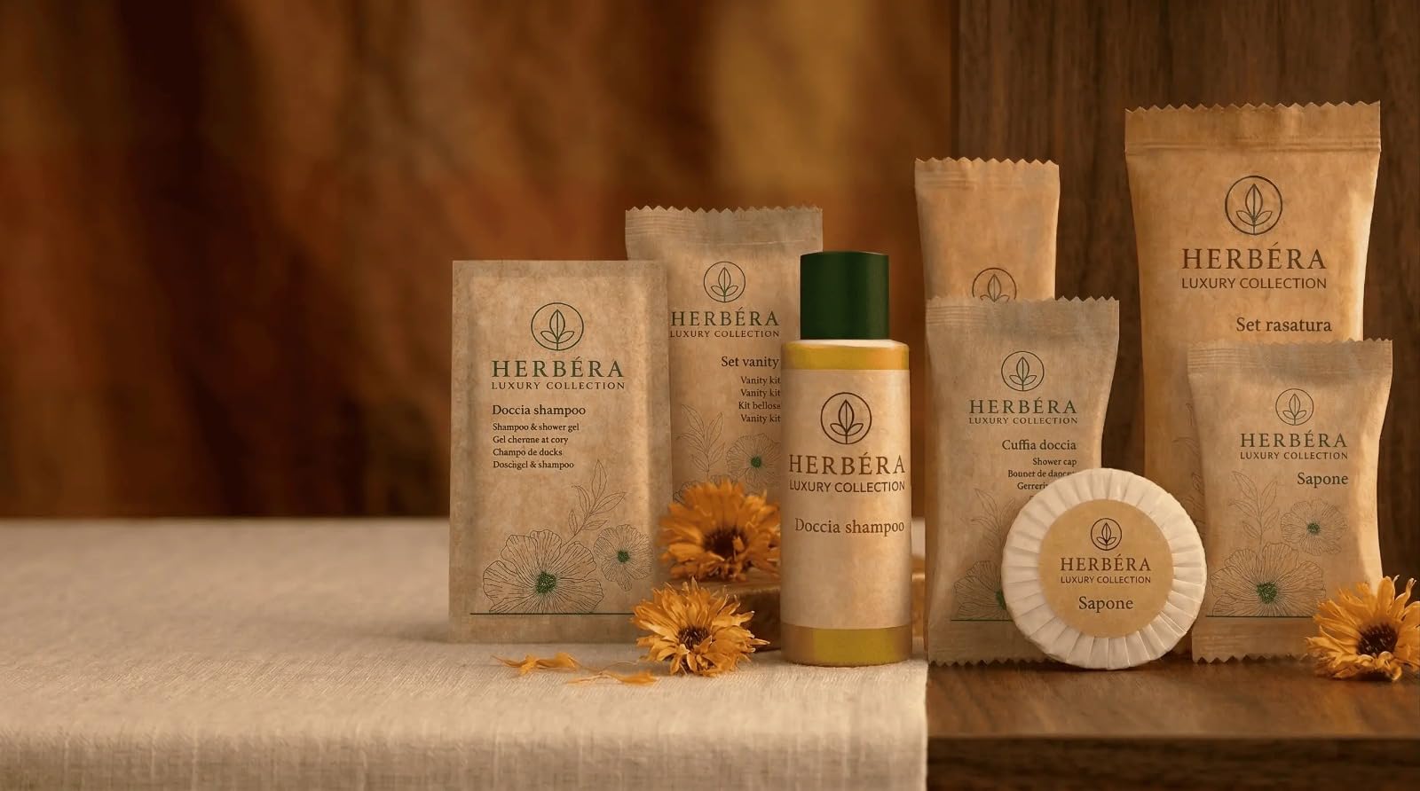 Set Rasatura kit barba con rasoio e gel conf. 50 pz HERBERA Luxury monouso e monodose linea cortesia hotel in confezione carta Bio riciclabile