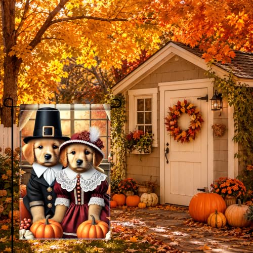 Image of BlissYard Fall Garden Flag 12x18 Inch Golden Retriever Pilgrim Puppie Decor | Double sided polyester, fall pilgrim cat pumpkin design, fall Thanksgiving porch and yard