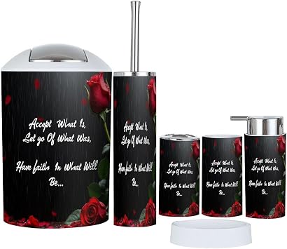 Bathroom Accessories Set 6 Pcs Red Rose Shower Curtain Black Retro Elegant Toothbrush Holder Cup Soap Dispenser Soap Dish Toilet Brush Holder Trash Can for Countertop Decor