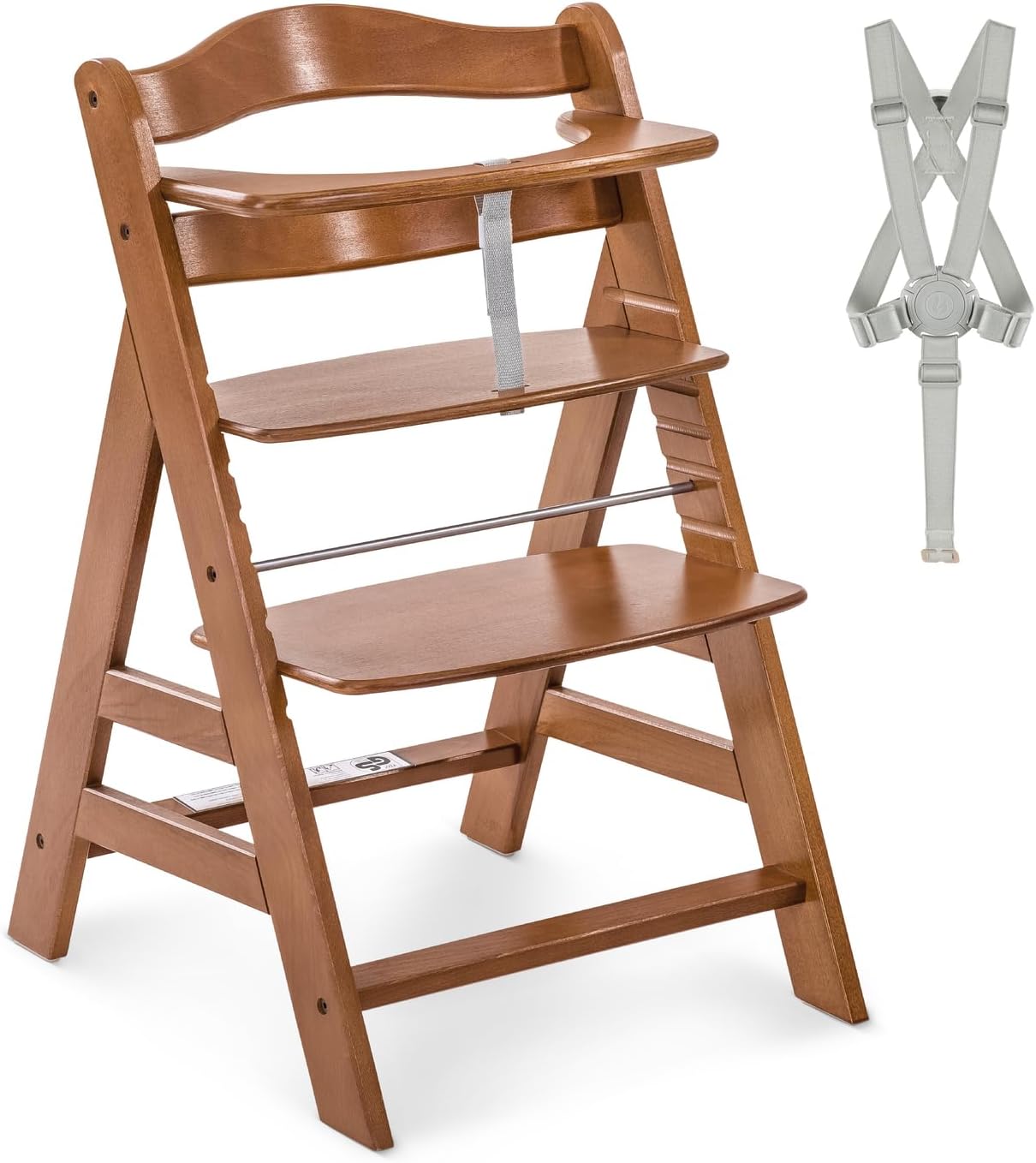 hauck Alpha+, Walnut - Wooden High Chair 6 Months to Adult Sustainable FSC® Certified Beechwood Toddler Feeding and Entertainment Chair, Inclusive 5-Point Harness Bumper Bar Crotch Strap