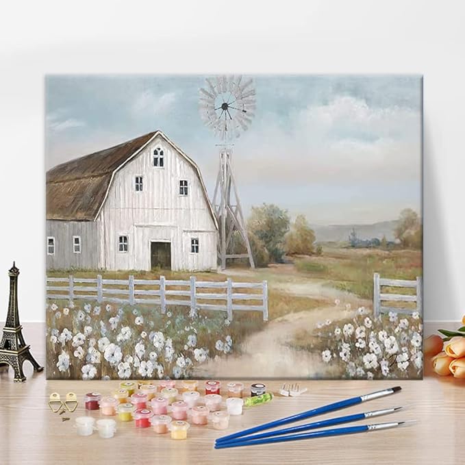 TISHIRON Paint by Numbers Farmhouse Old Barn Paint by Numbers Kits Barn