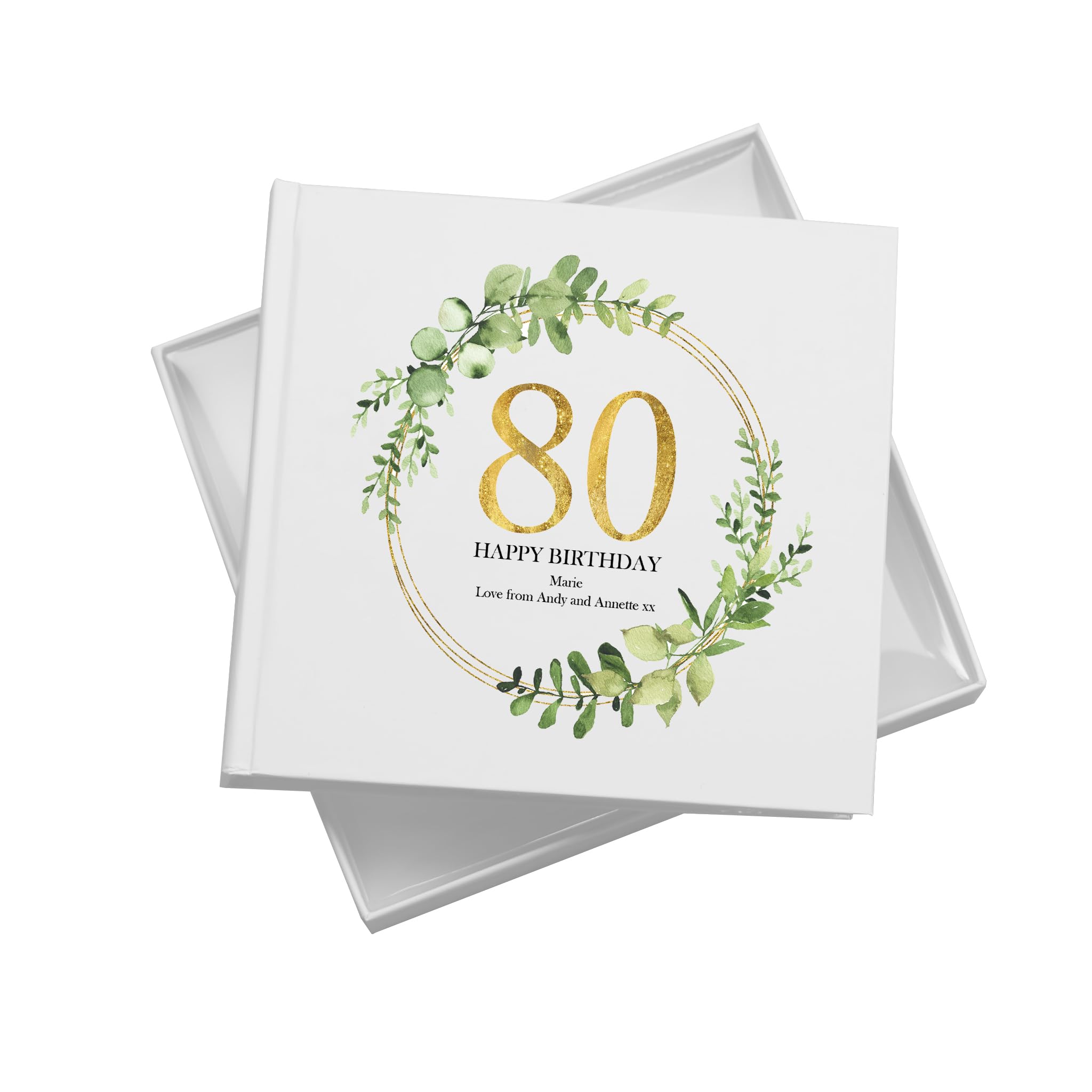 Ukgiftstoreonline White Personalised 80Th Birthday Gift For Her Photo Album Gold Wreath Design