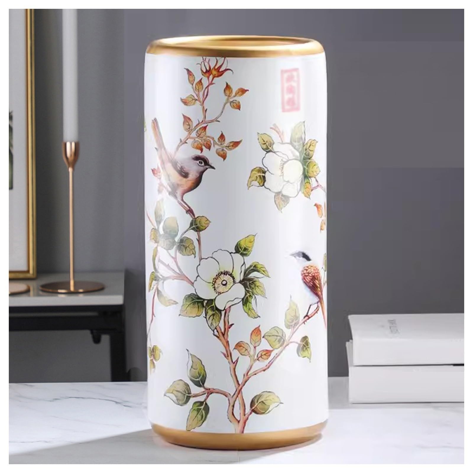 FCXWEVR Handmade Ceramic Floor Standing Cane Stand for Home Office and Hotel Entrance Multifunctional Porcelain Applique Holder in White and Gold