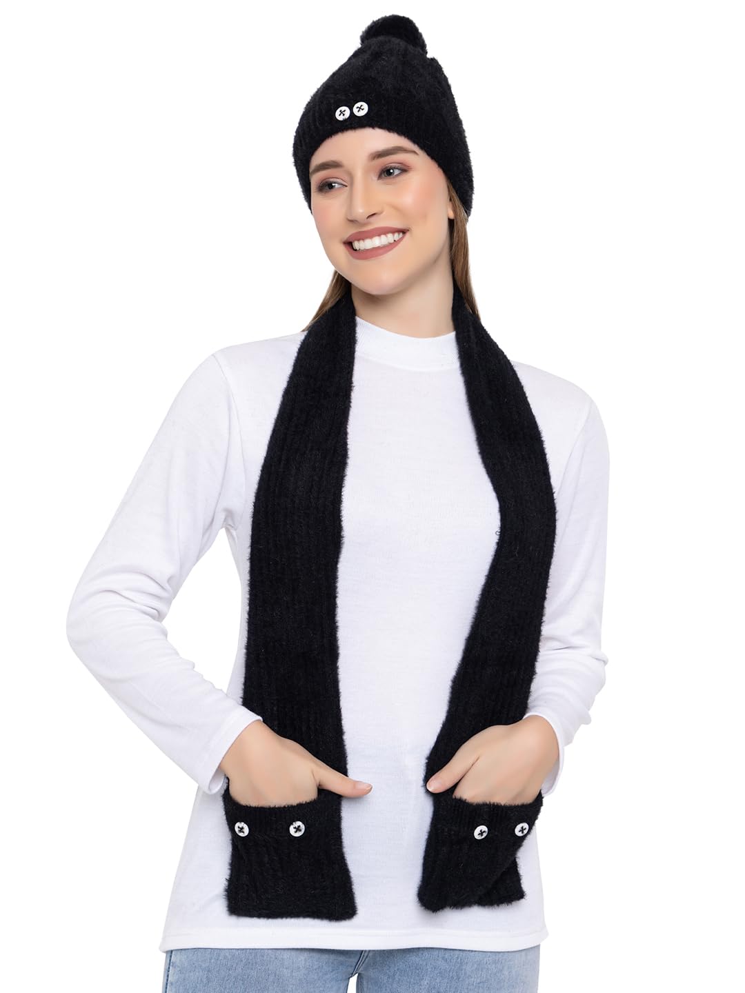 AMOLDO Women Warm and Soft Combo Pack of Winter Woolen Hair Yarn Cap with Fur Lining and Muffler with Pockets