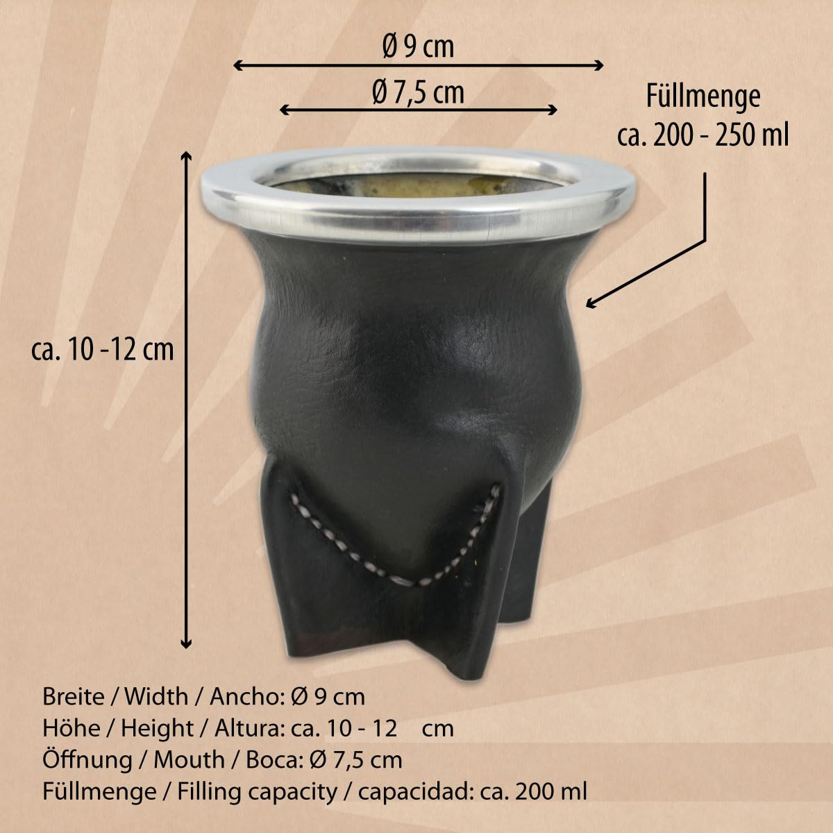 Mate de Vidrio Forrado en Cuero Negro - Mate Argentino Tradicional de Fácil Limpieza para Yerba Mate - No Necesita Curado - Capacidad 200-250 ml