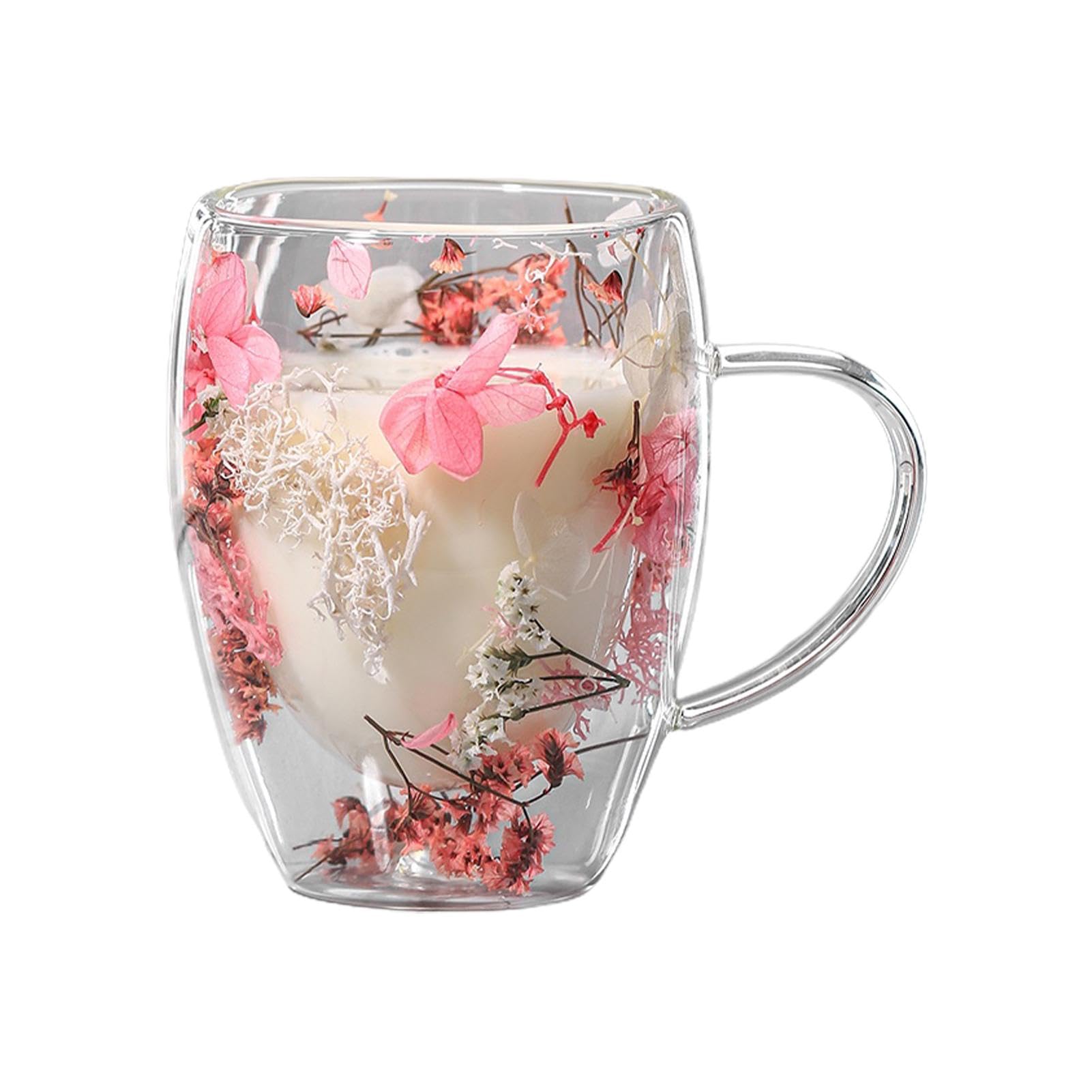 350ml Double Wall Clear Glass Coffee Mug - Creative Cup With Handle for Dried Flowers | Aesthetic Insulated Tea Cup for Hot Beverages