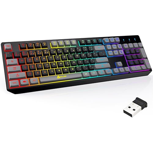 KLIM Chroma Wireless Gaming Keyboard RGB - Backlit Wireless Keyboard - Long-Lasting Rechargeable Battery - Quiet Water Resistant Ergonomic Keyboard - Teclado Gamer - PC PS5 PS4 Mac - Black/Gray