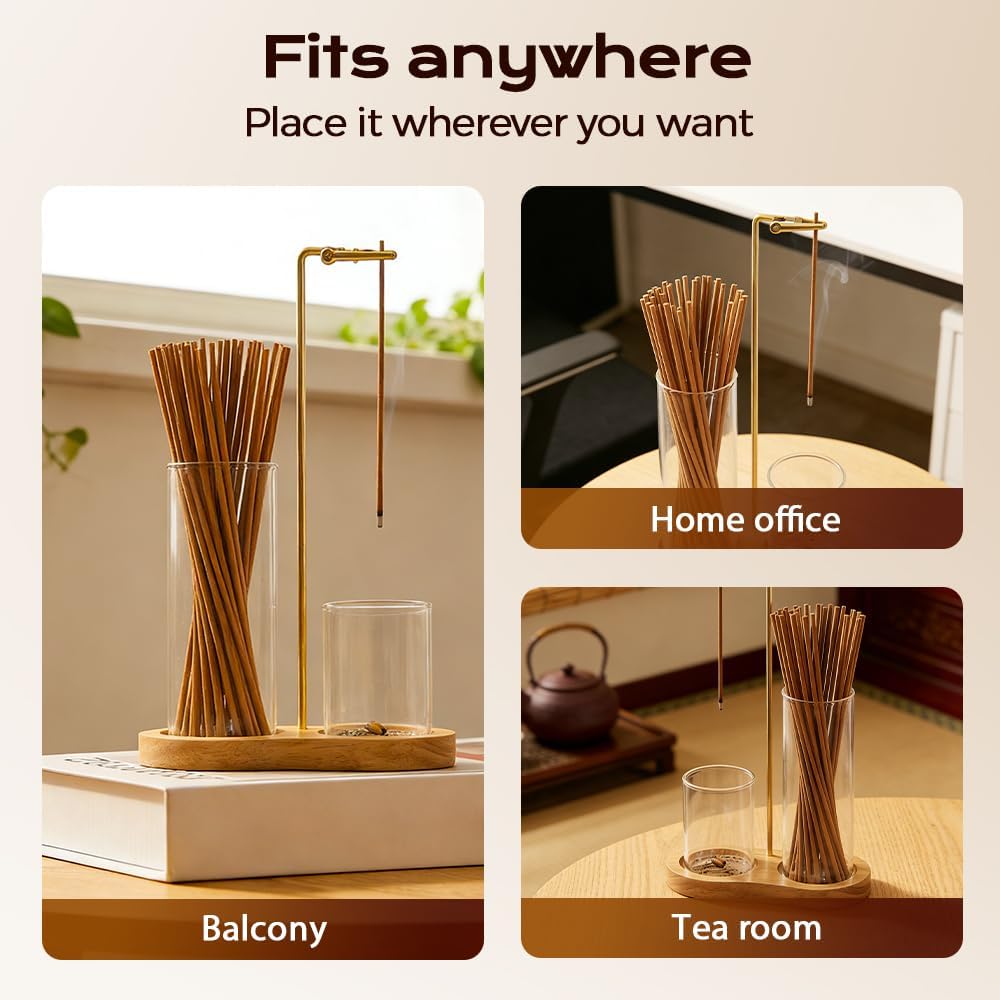 2 in 1 Incense Burner and Candle Holder Wooden Base, Glass Ash Collector, Minimalist Home Decor Incense Burner, Incense Storage Holder, Upside Down Anti Ash Incense Stick Burne (Burlywood and Vintage)