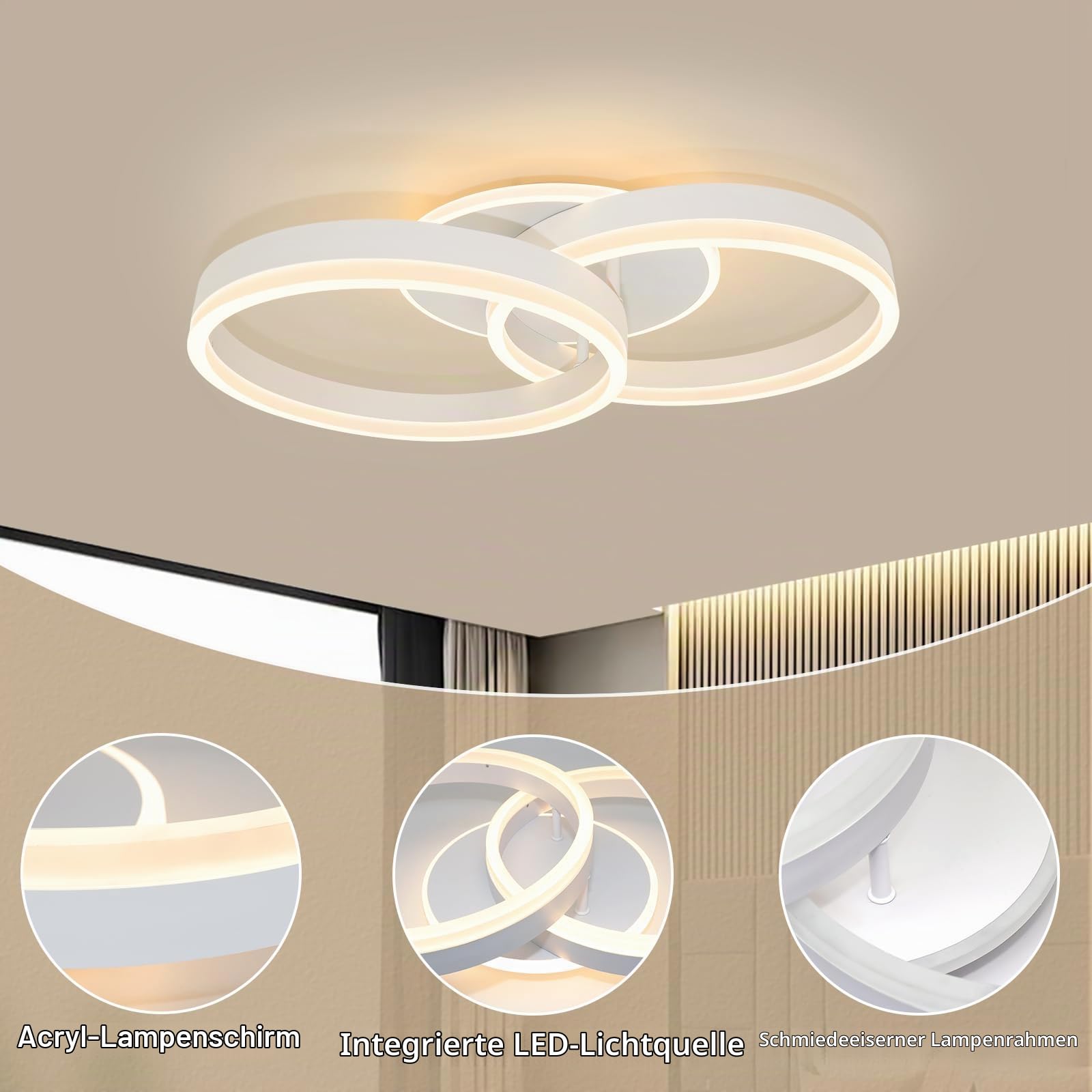 Moderne LED Deckenleuchte 36W, 50cm, 3000K Warmweiß, Doppelring-Design, Minimalistisch für Wohnzimmer, Schlafzimmer, Esszimmer, Flur und Büro