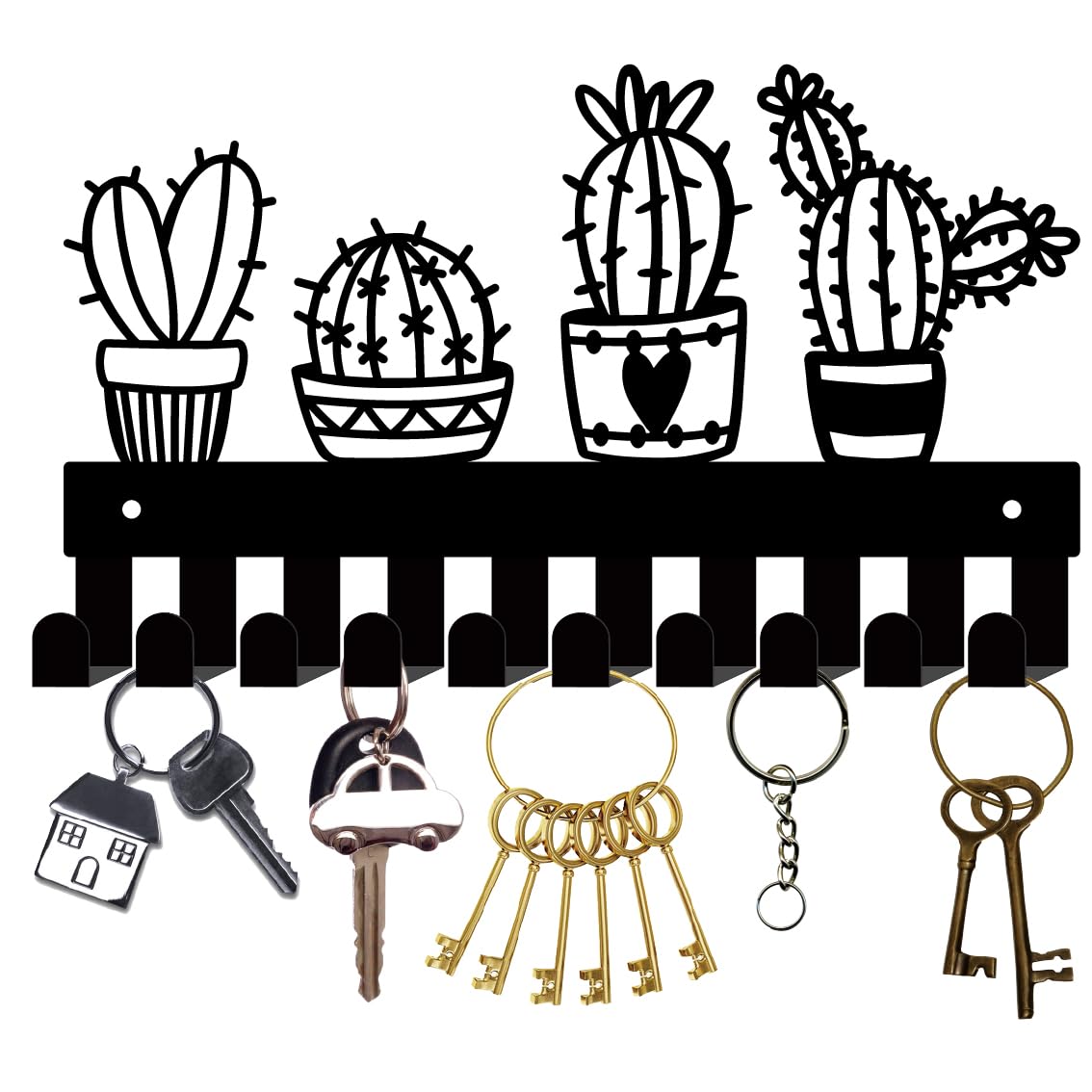 CREATCABIN Porta Llaves Cactus Negro,Ganchos para Llaves Montados En la Pared con 10 Gancho,Organizador Llaves Colgante Metal,Decoración Pared para Entrada,Puerta Delantera,Pasillo,Oficina,27x16cm