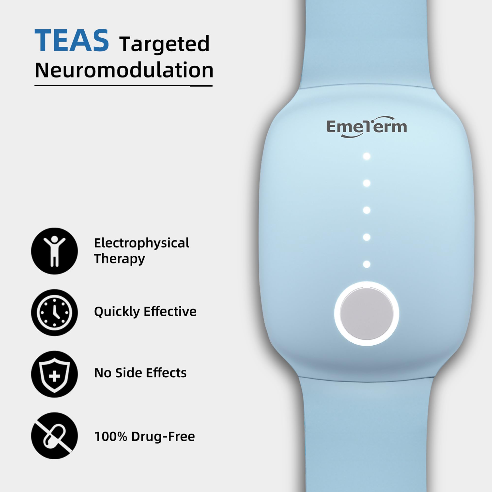 EmeTerm Fashion FDA-Cleared Relieve Nausea Electrode Stimulator Morning Sickness Motion Travel Sickness Vomit Relief Rechargeable No Gel Drug Free Wrist Bands Without Side Effects