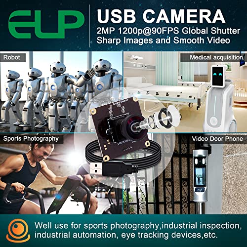 ELP USB Kameramodul High Speed 90fps Global Shutter USB Kamera, 2MP 1200P USB Webcam mit Weitwinkelobjektiv ohne Verzerrung 126 Grad für Computer, Laptop, Android – Bild 8