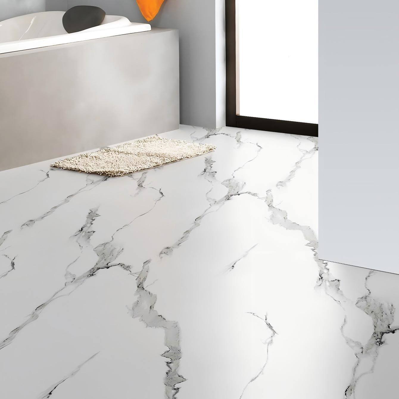 Luxury Thicken Matte Grey White Marble Peel and Stick Floor Tiles Self-Adhesive Vinyl Flooring Roll-DIY Easy for Wall and Floor,Hard Surface/Waterproof/Anti Slip (Not Real Marble, 17.72 "W x 393.7" L)