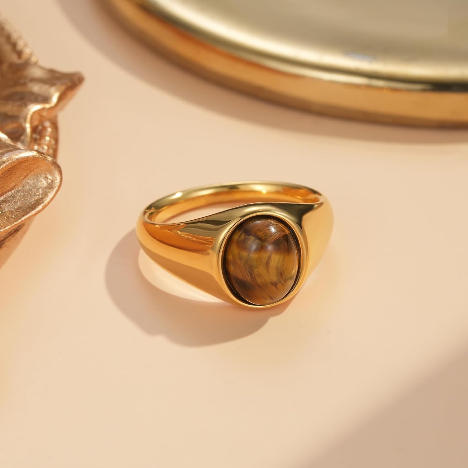 YeGieonr Gold Signet Rings for Women Non Tarnish Gold Rings, Waterproof Gemstones Statement Ring, 18K Gold Plated Stainless Steel Gem Stone Jewelry Gift for Everyday Wear - Image 3