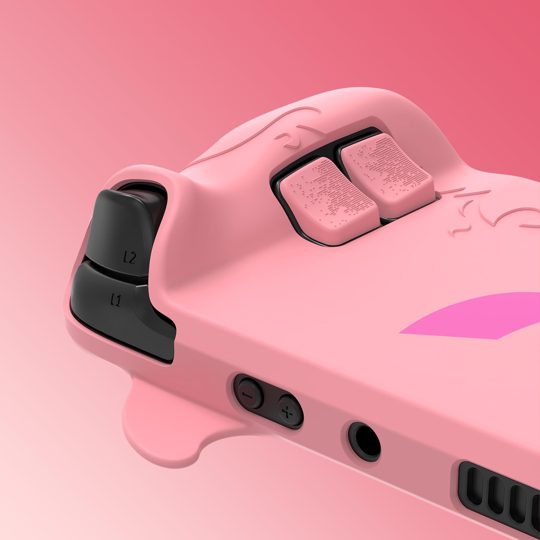 PlayVital Coque pour Steam Deck OLED/Steam Deck Cover avec Caouchon Joystick & Boutons & Trackpads Stickers,Antichoc Antidérapant Anti-Collision Grip Case Silicone-Rose,Cute Demon