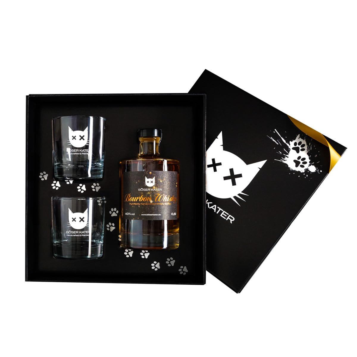 BÖSER KATER Bourbon Whisky Geschenkset mit 2 Gläsern, feine Geschmacksnoten von Karamell Honig & Vanille, das perfekte Geschenk in hochwertiger Box 0,5l 40% Vol.