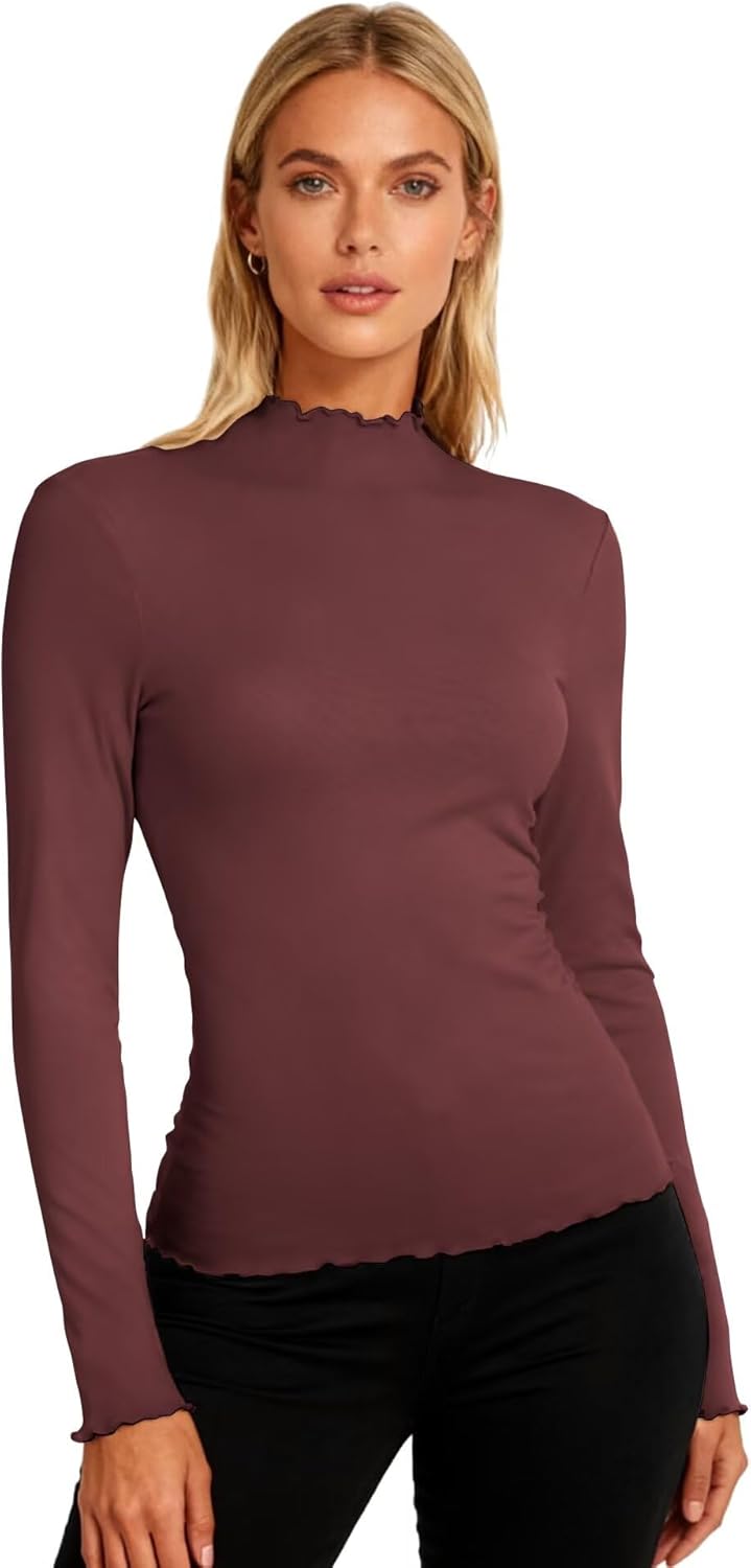 Womens Mock Neck Long Sleeve Tops Slim Fit Lettuce Trim Shirt Ribbed Turtleneck Thermal Undershirt