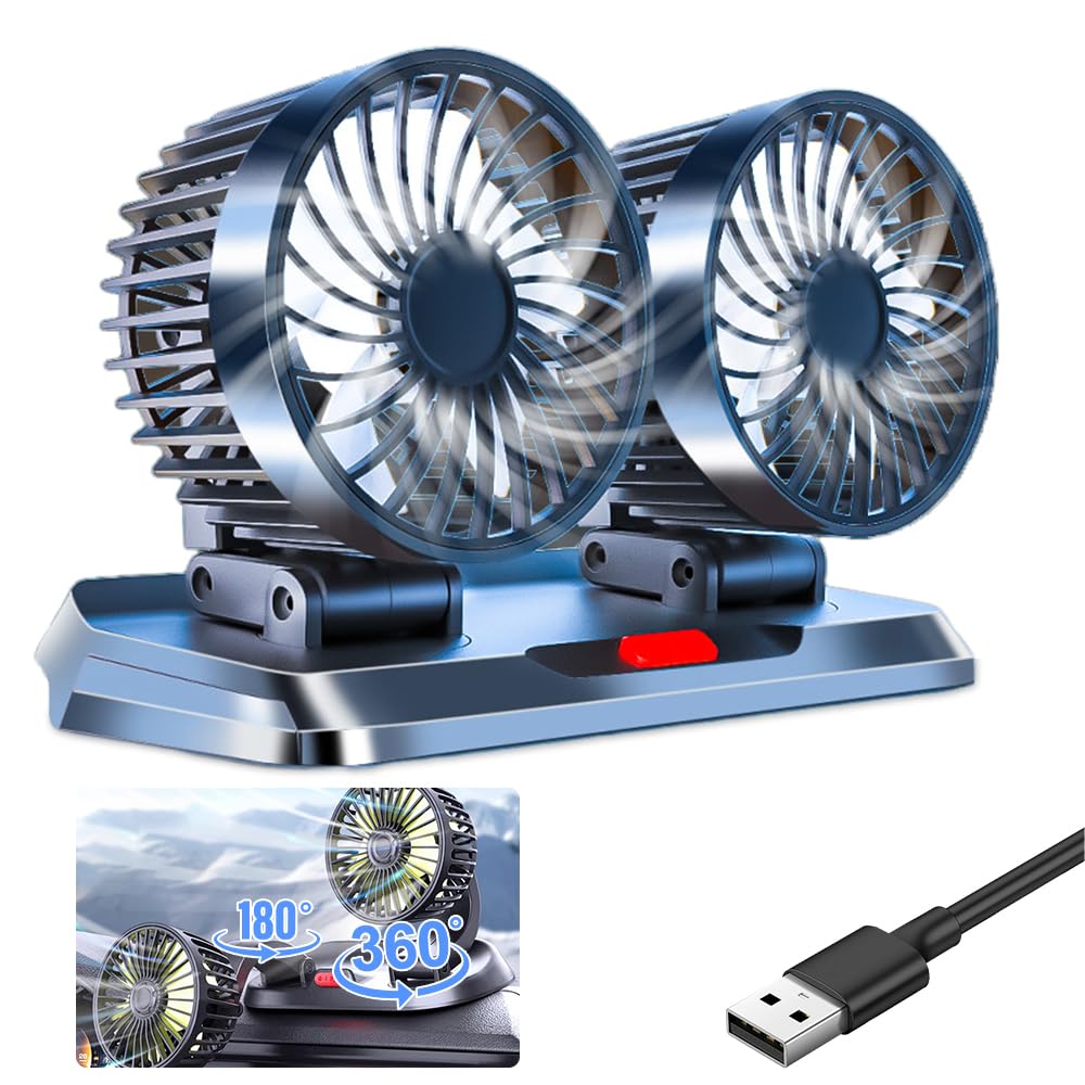KUWUNG Dual Head USB Car Fan, 360° Rotatable Vehicle Cooling Fan with 3 Speeds, Powerful Quiet Dashboard Air Circulator for Cars, Vans, SUVs, Home Office & Camping, Universal 5V USB Powered - Black