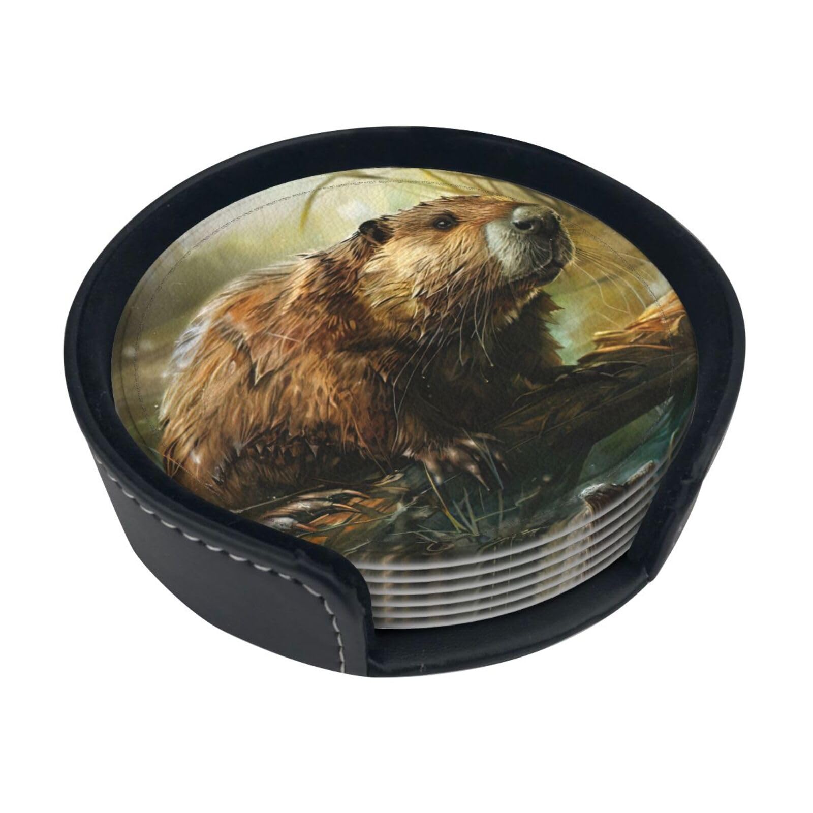 Beaver Print Round Coasters Set Of 6,Coaster For Tabletop Protection Home Bar Decor