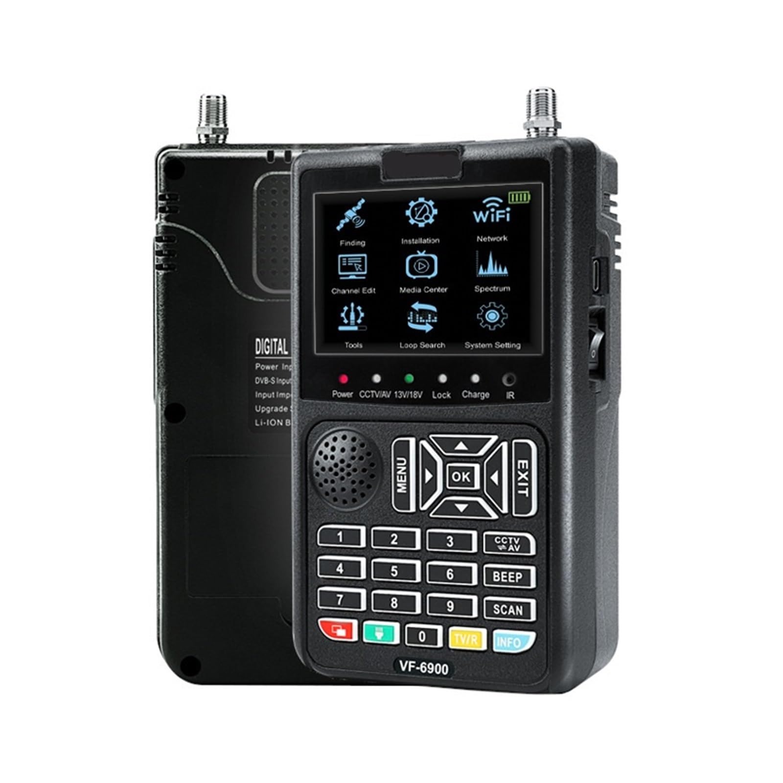 VF-6900 Receptor de TV satelital DVB-S2 CCTV AHD, TVI y CVI Pantalla cámara HD Buscador satélite H.264 Medidor buscador Localizador de señal