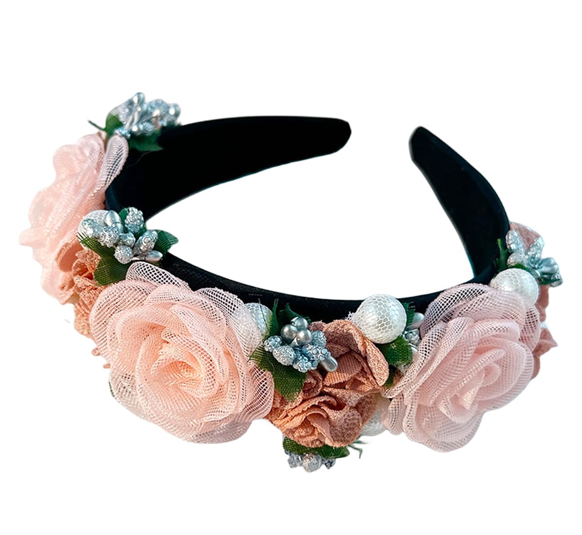 Flower Crown Headband Pearl Rose Flower Headbands for Women Pink Mesh Fabric Hair Band Pink 16116, Pink A