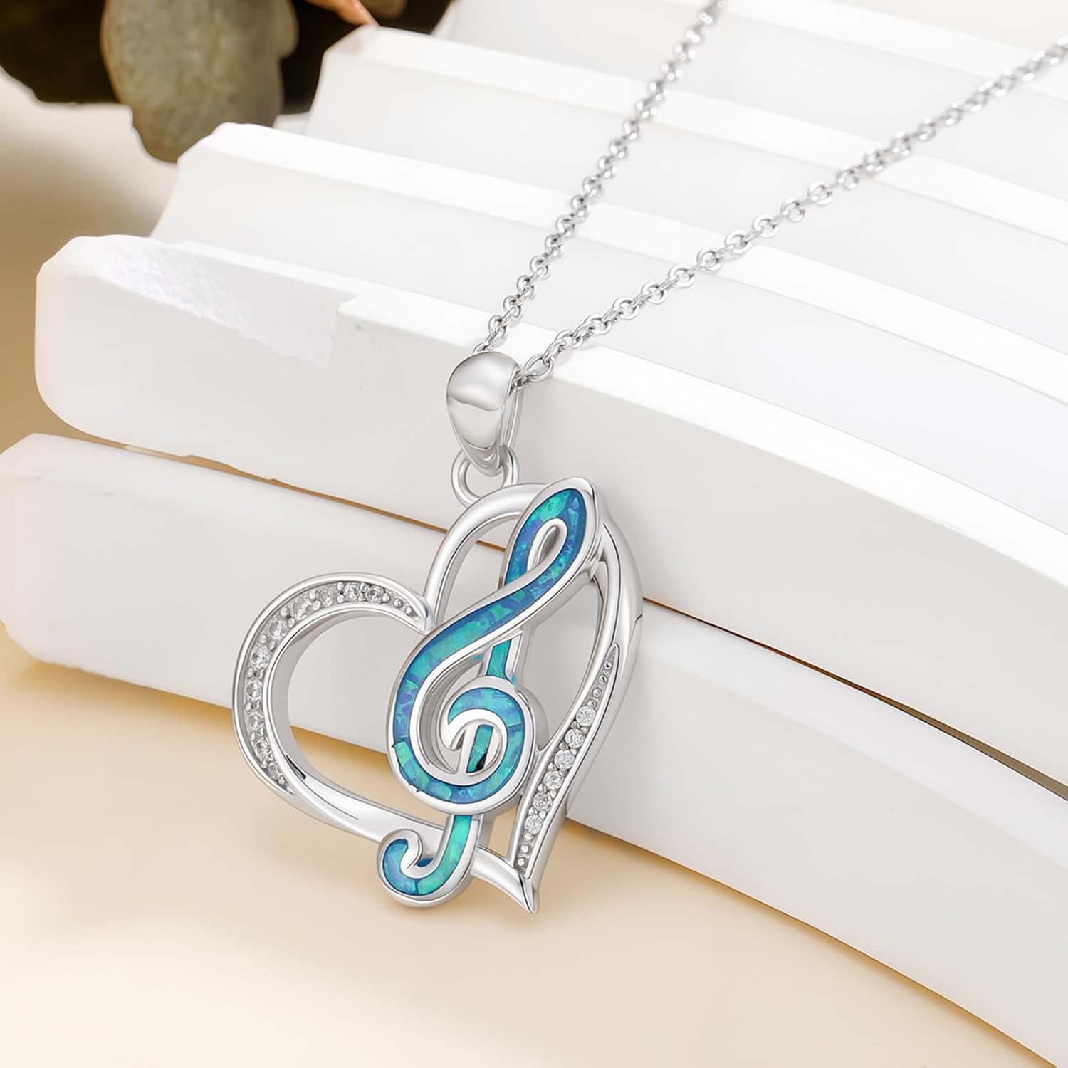 Music Necklace for Women 925 Sterling Silver Opal Heart Musical Note Pendant Music Jewelry Gifts - Image 2