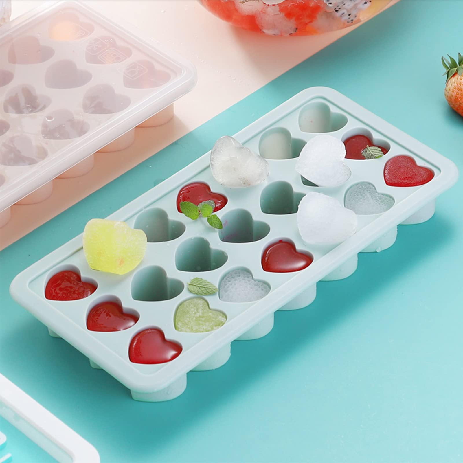 Silikon-Eiswürfelform mit Deckel, 21 leicht abnehmbare Gefrierformen, BPA-frei, stapelbar, wiederverwendbar (blau)