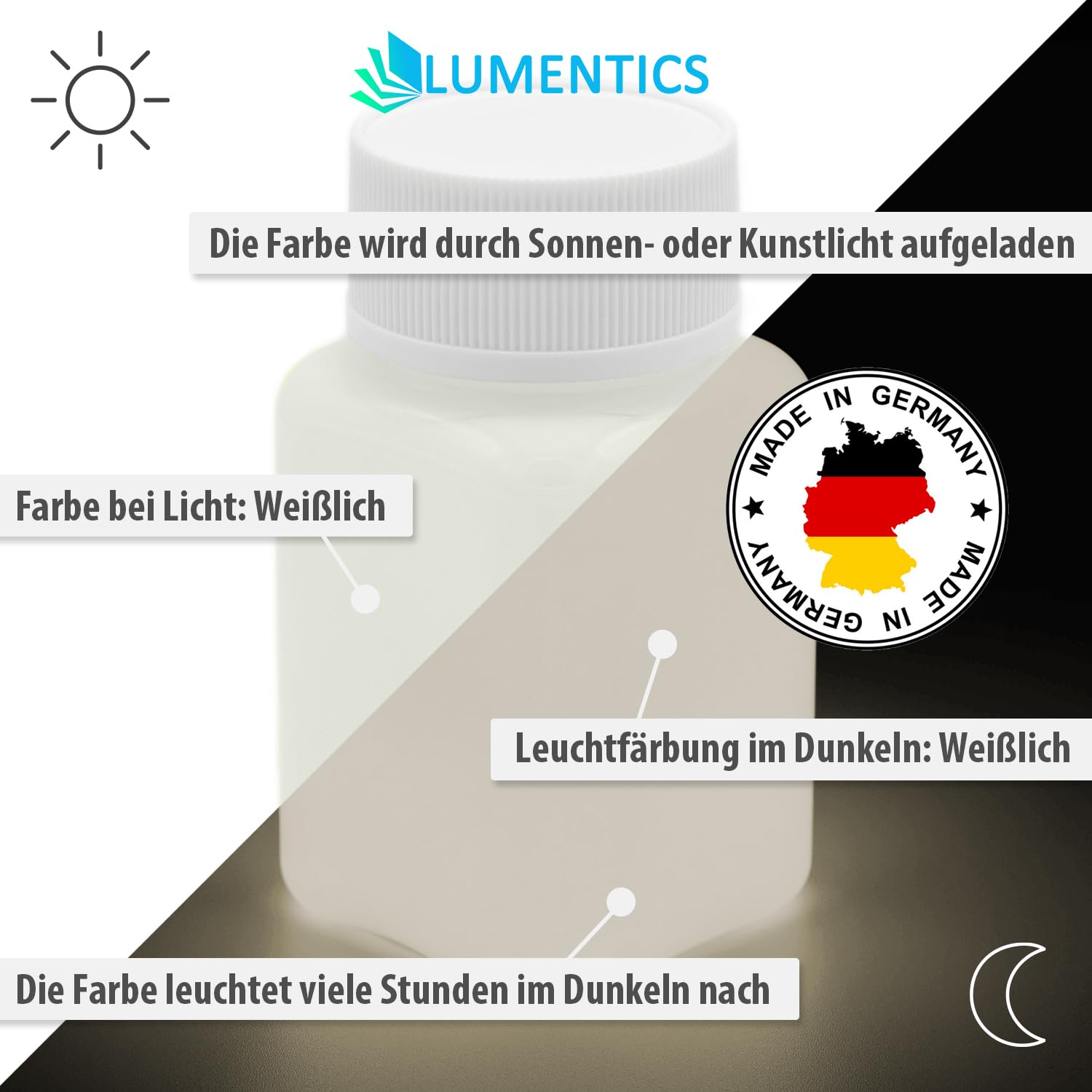 LUMENTICS Malfarbe Weiß nachleuchtend 100g - Im Dunkeln leuchtende Malfarbe - Nachleuchtende UV Farbe mit Glow Effekt - Phosphoreszierend - Made in Germany