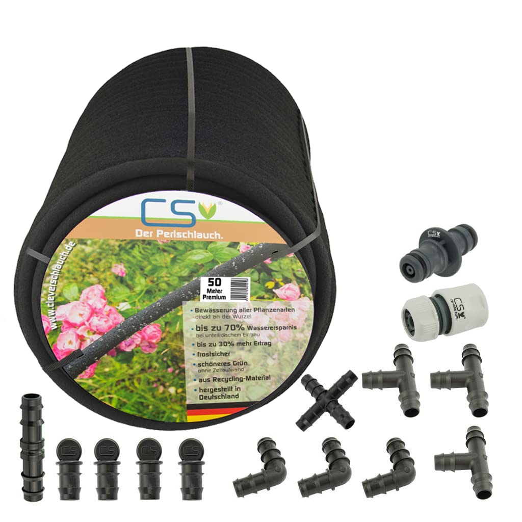 50m CS Perlschlauch Premium mit Zubehörset für nachhaltige Gartenbewässerung/Beetbewässerung/Hochbeetbewässerung mit Wasserdruck