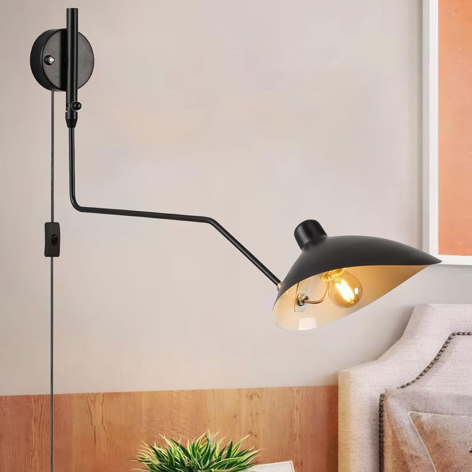 DESHOME Wall Light with Swivel Arm Plug Black 65cm Industrial Vintage Wall Lamp Indoor Long Wall Light Adjustable Arm with Cable and Switch, for Living Room, Bedside, Study, Children Room