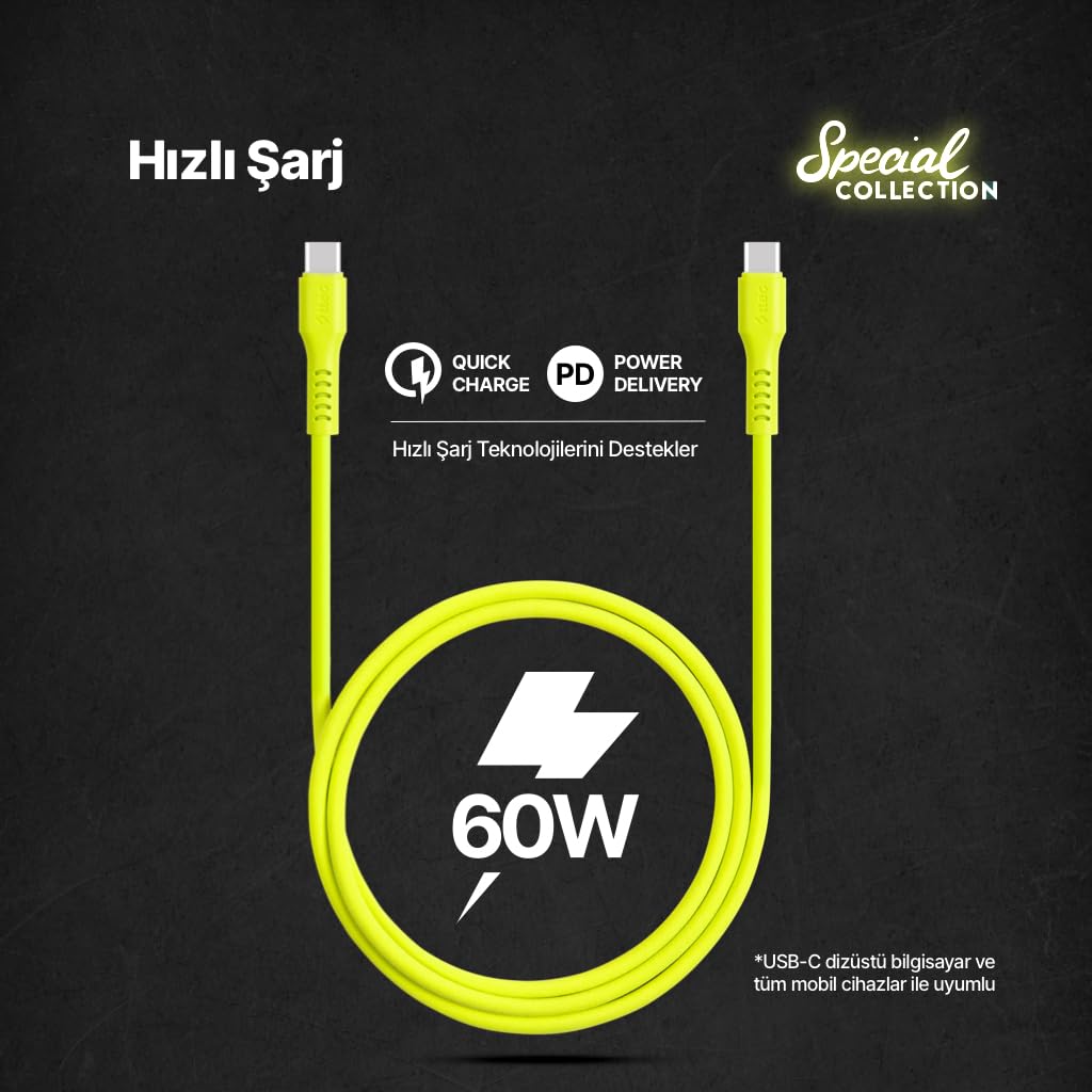 ttec USB-C - USB-C 120cm 60W PD/QC Hızlı Şarj/Data Kablosu Neon 2DK59N (Neon Sarı)