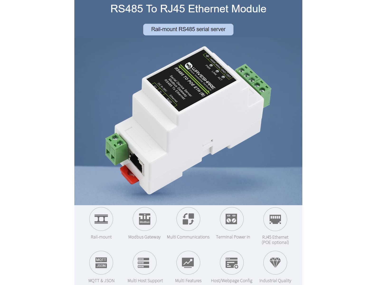 RS485 to RJ45 Ethernet Converter Module, Industrial Rail-mount Isolated RS485 Serial Server,TCP/IP to Serial Module,10 / 100M Auto-negotiation RJ45 Connector,with POE Function