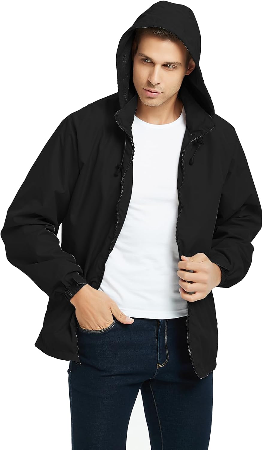 Mens Lightweight Windbreaker Jacket Waterproof Rain Jacket with Hood Soft Shell Jacket Black M