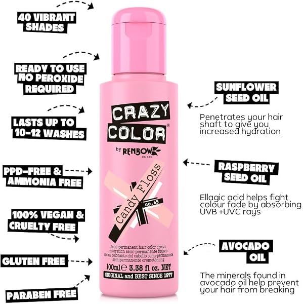 Crazy Color Vibrant Candy Floss Semi-Permanent Hair Dye. Highly Pigmented Pastel Pink Conditioning & Oil Nourishing Vegan Formula | No Bleach or Ammonia | 100ml - 3