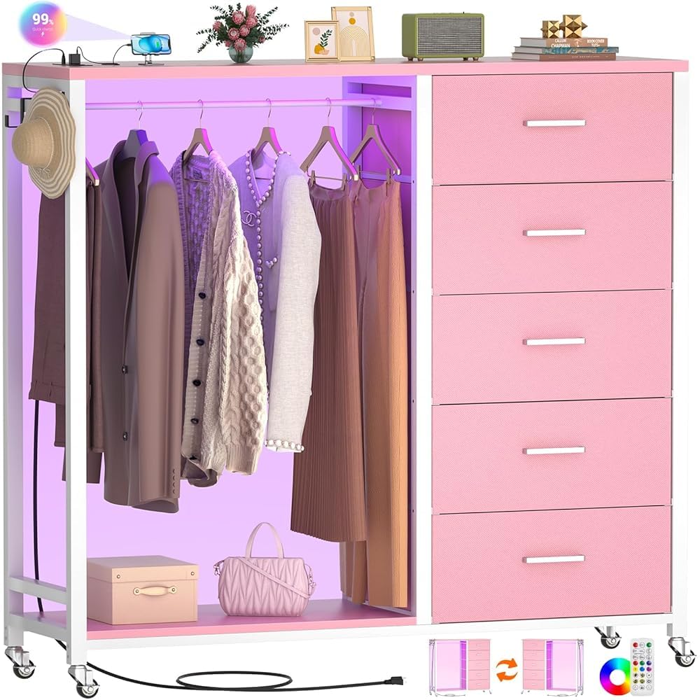 iSunirm 2 in 1 Chest of Drawers, Dresser for Bedroom,5 Fabric Drawers Dresser with LED Lights & Charging Station,Open Wardrobe with Clothes Rack,Pink