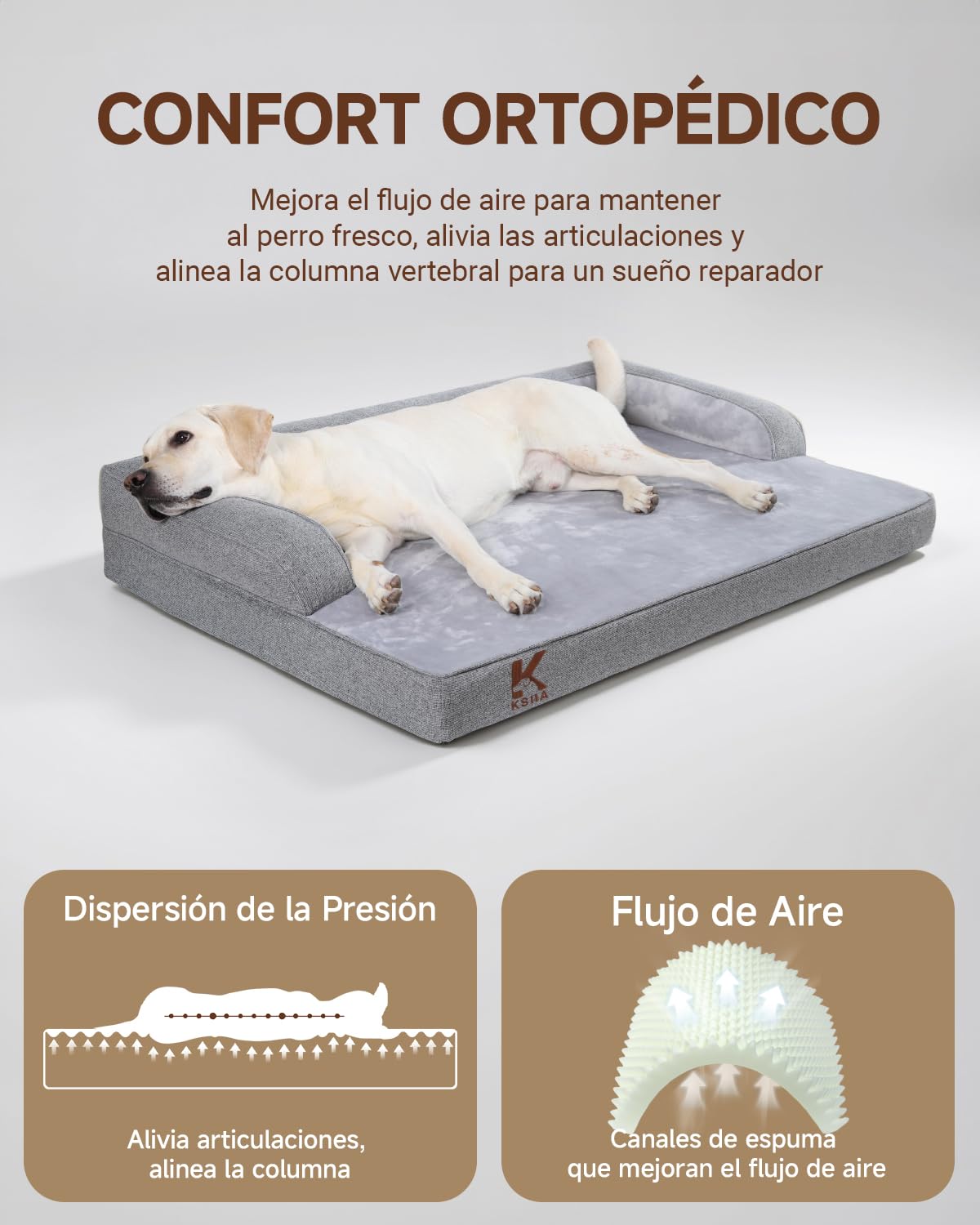 KSIIA Cama ortopédica extragrande para perros XL impermeable con refuerzo en forma de U, funda extraíble lavable y parte inferior antideslizante, gris, 104 x 68 x 17 cm