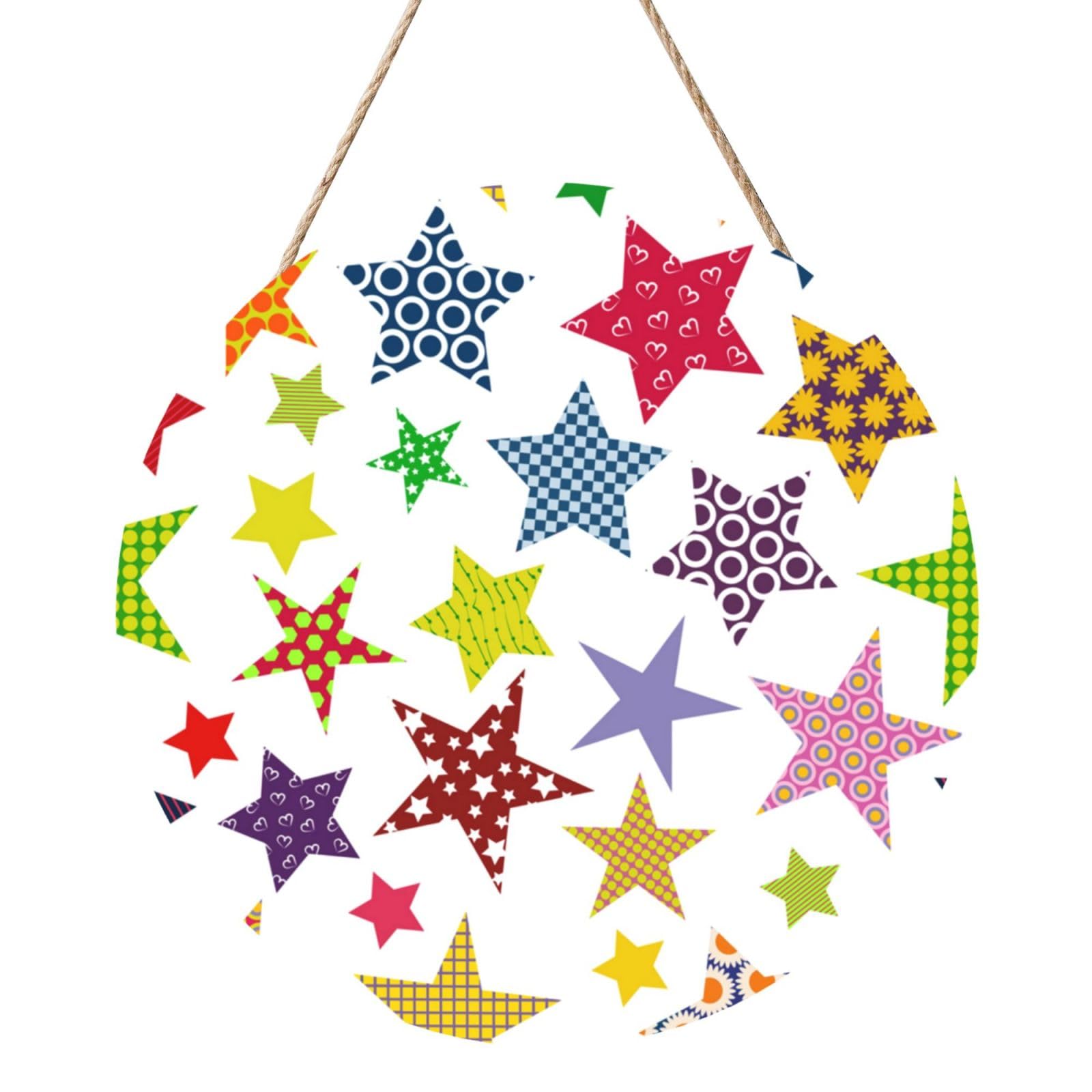 InOmak Bright Colored Stars, Round Wood Panel Painting 12 in, Wall Hanging Painting For Home